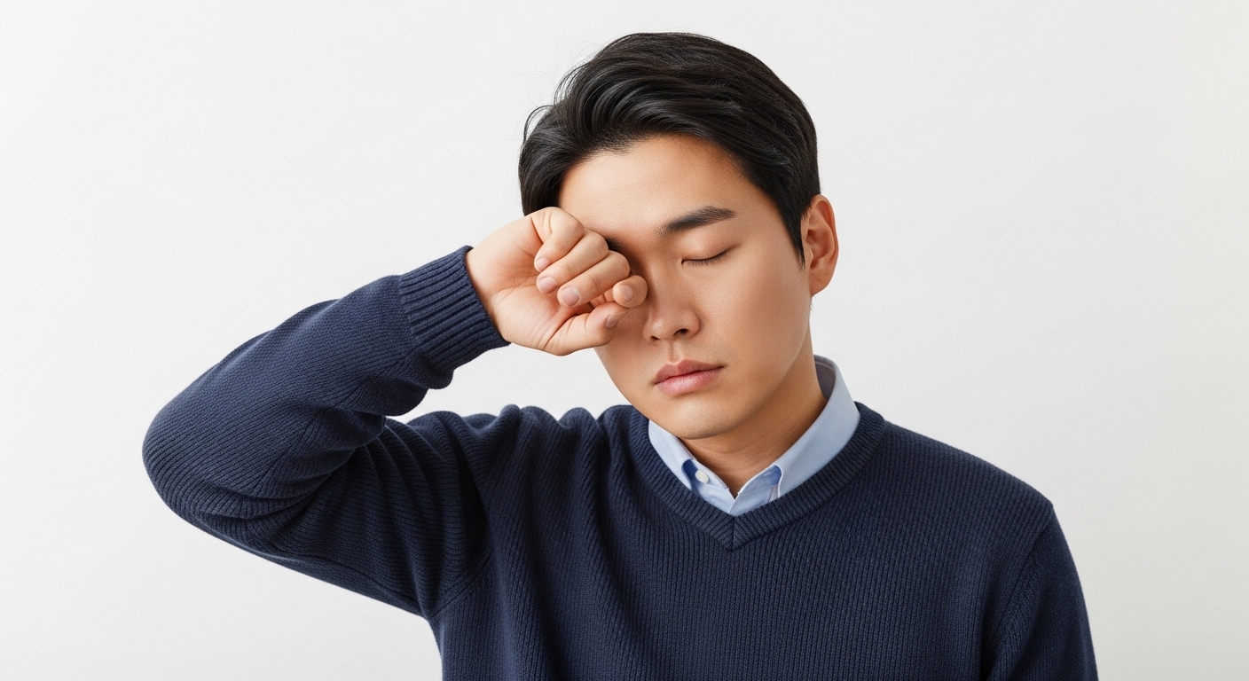 난방과 건조한 실내 환경으로 인해 안구건조증 증상을 느끼며 인공눈물을 사용하는 모습